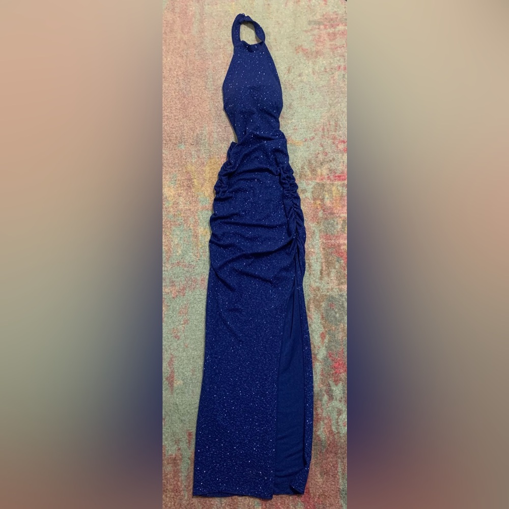 Halter sparkly fitted dress with slit full length tie back built in bra
